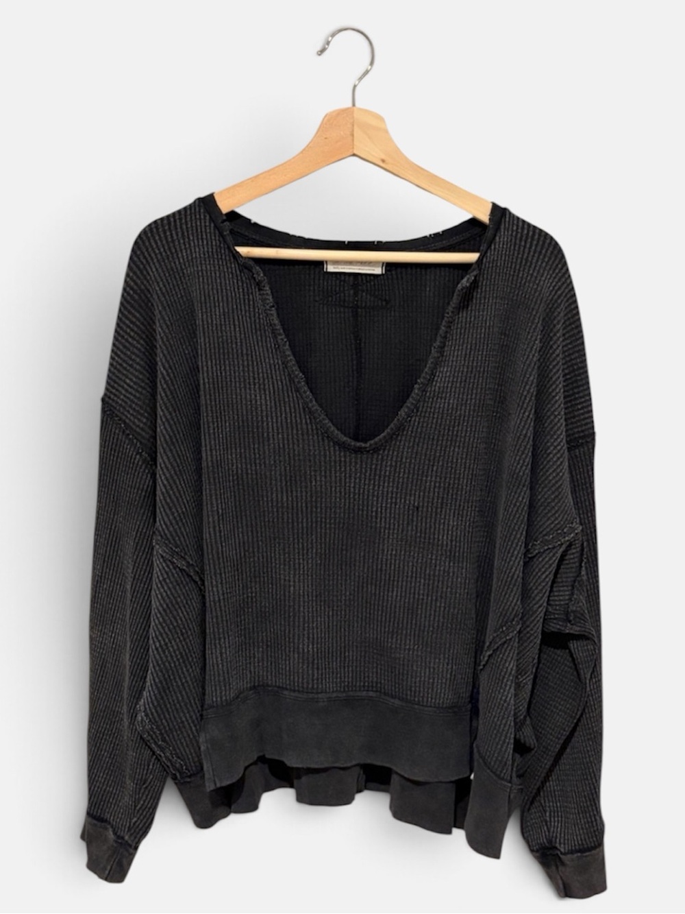Free People Waffle Knit Long Sleeve Pullover Black Size Small Oversized Slouchy